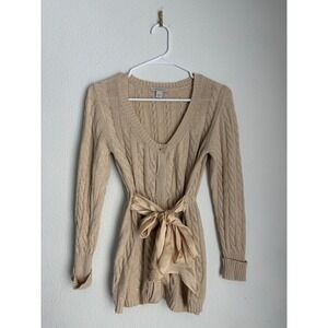 Boston Proper Cable Knit Sweater Dress Beige Ribbon Tie Waist Long Sleeve Size S